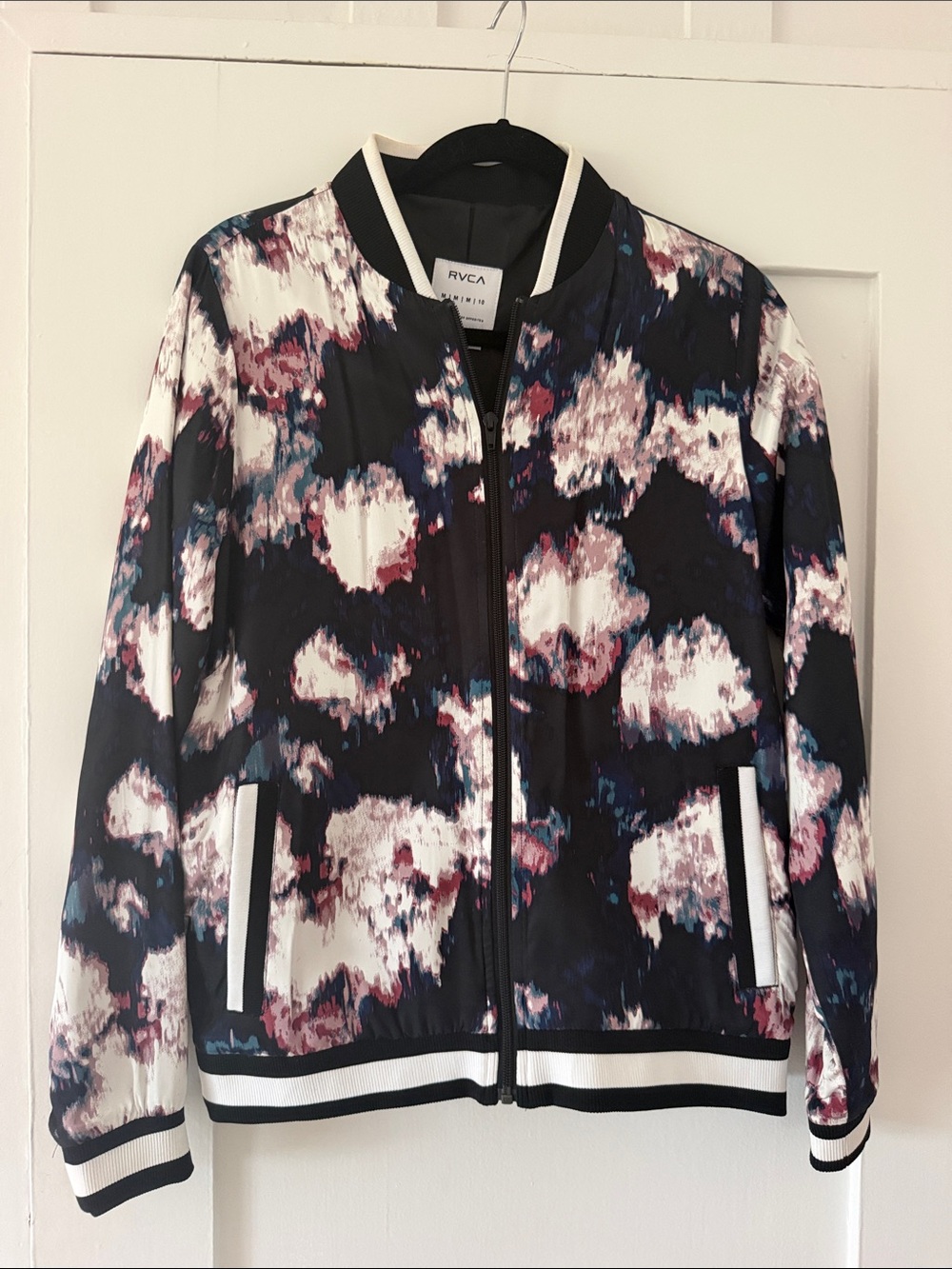 RVCA Black Abstract Print Bomber Jacket with White Trim